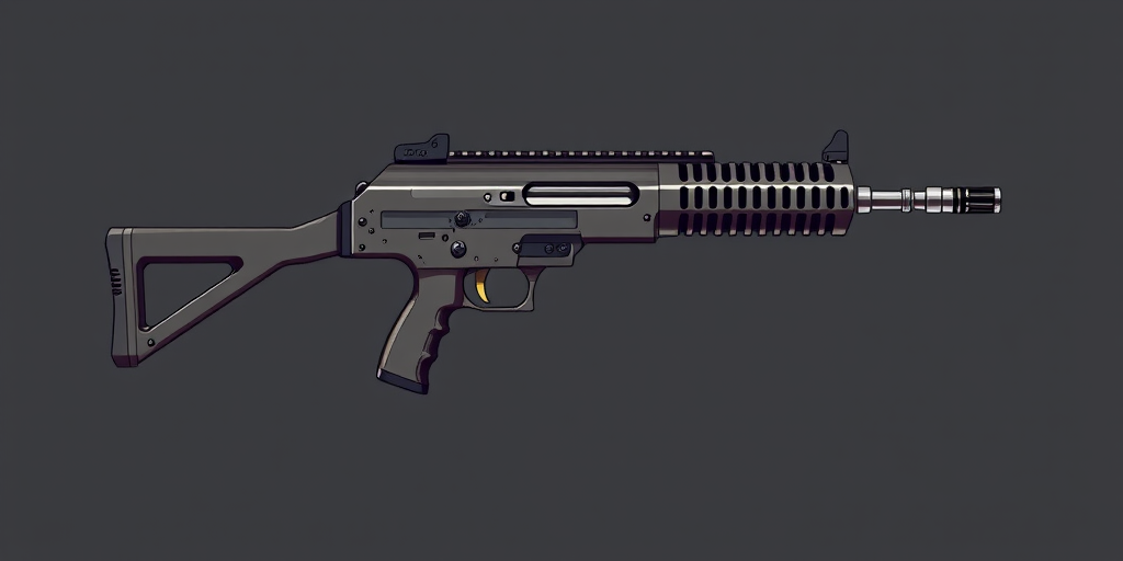 Create a detailed vector illustration of a submachine gun from a side view, with a focus on clean lines and high contrast, using a 50mm lens, f/2.8 aperture, and ISO 100 for maximum clarity and vivid color.