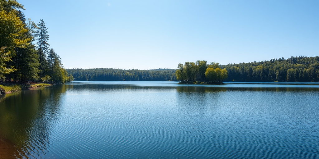 Create a high-resolution image of a serene landscape featuring a tranquil lake surrounded by lush trees under a clear blue sky, using a DSLR camera, 50mm lens, f/8 aperture, ISO 100, and a shutter speed of 1/100 sec for optimal clarity and depth.