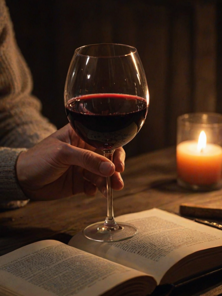 Close-up of a hand holding a glass of red wine, soft candlelight illuminating the glass, with a rustic wooden table and an open book softly blurred in the background.