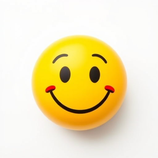 Create a bright and cheerful smiling yellow emoji on a plain white background, using a Canon EOS R5 camera with a 50mm f/1.2 lens, aperture set to f/2.8, ISO 100, shutter speed 1/200s, shot in standard color profile.