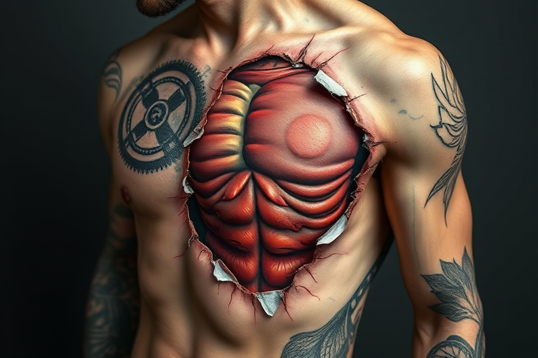 Realistic 3D tattoo titled "Skin Deep" creating the illusion of torn or peeled skin revealing hyper-realistic anatomical structures muscles or mechanical parts underneath