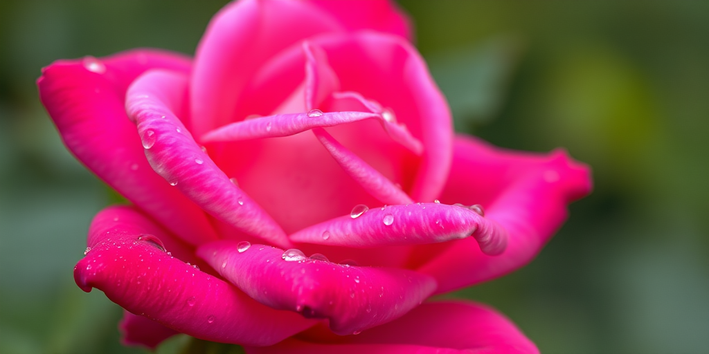 macro shot of a vibrant pink rose with water droplets on its petals, soft focus background, using a Canon EOS R5, 100mm f/2.8L macro lens, aperture f/2.8, ISO 100, shutter speed 1/200s, natural lighting for enhanced detail and color saturation