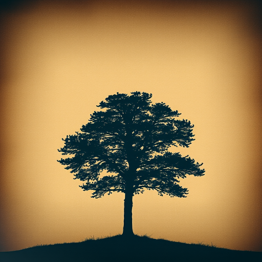 Create a vintage-style image of a tree silhouette against a textured, aged parchment background, using a DSLR camera at f/8 aperture and ISO 100, with a 50mm lens, soft focus effect, and soft diffused lighting to enhance the ethereal quality.