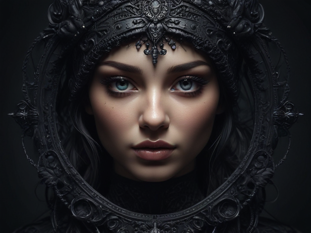 Enigmatic Portrait of a Young Woman Framed by an Intricate Black Mirror