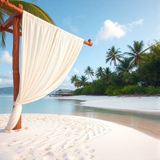 Create a picturesque tropical beach scene featuring a serene, white sandy shore. In the foreground, there's a rustic wooden canopy with white drapes gently flowing in the breeze. Underneath the canopy, a table is set with tropical decor, evoking a sense of relaxation and leisure. The beach extends into a calm, shallow water area with reflections of the sky and surroundings. Palm trees and lush greenery line the edge of the beach, providing a natural, tropical backdrop. The sky is clear with a few scattered clouds, and the overall atmosphere is tranquil and inviting, perfect for a peaceful retreat.