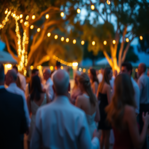 Blurry candid shot of a wedding reception at dusk, with string lights hanging from trees, soft golden light illuminating the dance floor, and guests blurred in joyful movement.
