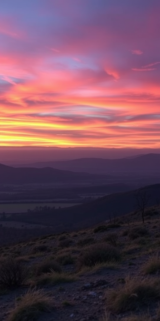 Create a high-resolution image of a serene landscape at sunset with vibrant colors in the sky captured using a DSLR camera at f/8, ISO 100, 1/200 sec shutter speed, wide-angle lens, and a panoramic view to enhance the depth and clarity.