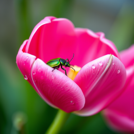 Close-up shot of a pink tulip with a green beetle, capturing water droplets on the petals, using a macro lens at f/2.8, ISO 100, shutter speed 1/250 sec, natural light, DSLR camera.