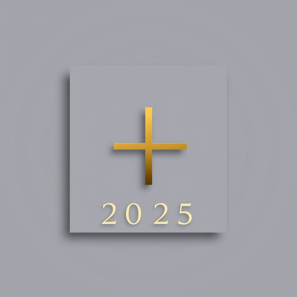 Generate a sleek, modern logo design featuring a minimalistic square divided into four sections with a gold cross in the center, and the year "2025" in an elegant, contemporary font; use a Canon EOS R5 camera with a 50mm lens, aperture set to f/2.8, ISO 100, and a soft, diffused lighting setup for a professional look.