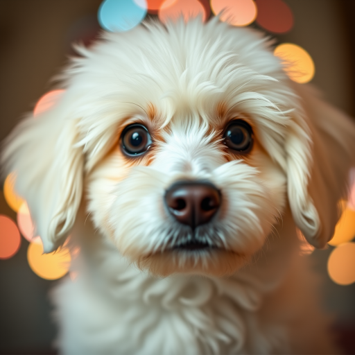 Capture a close-up portrait of a fluffy white dog with big expressive eyes, using a Canon EOS R5 camera with an 85mm f/1.2 lens, aperture set to f/1.2, ISO 100, shutter speed 1/200 sec, with a bokeh background featuring soft colored lights for a dreamy effect.