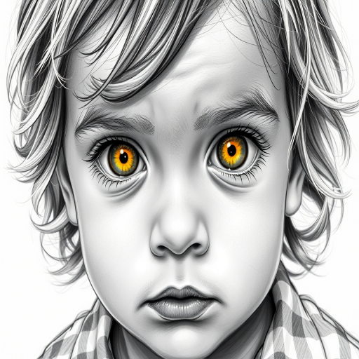 A hyperdetailed photorealistic black and white sketch of a beautiful toddler with deep Yellow eyes, with a macro focus