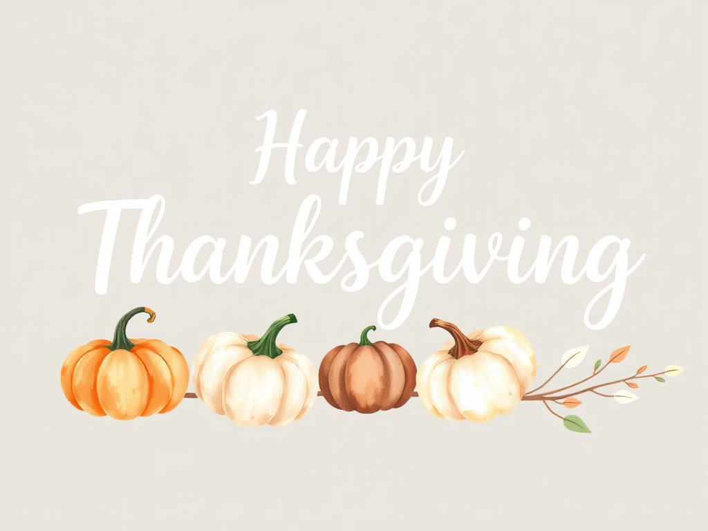 Create an image featuring the text Happy Thanksgiving in a beautiful cursive font with watercolor pumpkins in shades of orange green and white arranged in a line alongside delicate leaves and stems in soft pastel colors