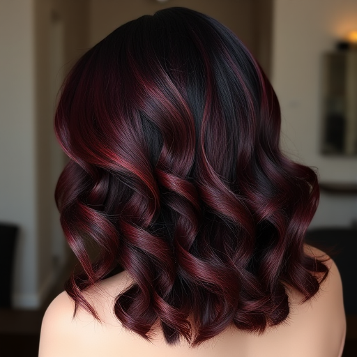 Sultry dark burgundy waves cascade down the back, featuring subtle crimson highlights and styled in a glamorous old Hollywood-inspired side sweep