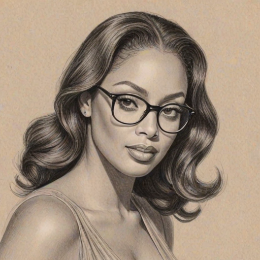 Enchanting La La Anthony, pencil sketch, portrait of Alluring woman 1940s in glasses, hair style beatnik, outline, clear lines, fine lines, 8k