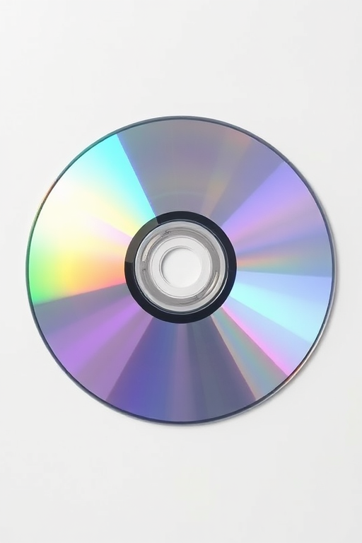 Create a high-resolution digital art representation of a CD with a shiny surface reflecting light, centered on a plain background, using a 50mm lens, f/2.8 aperture, 1/200 sec shutter speed, with soft lighting to enhance the iridescence, in a product photography style using a DSLR camera.