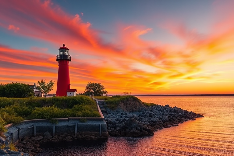 Create a vibrant sunset landscape featuring a red lighthouse, surrounded by lush greenery, reflecting on calm water, captured with a Canon EOS R5, 24mm lens, f/8 aperture, ISO 100, high dynamic range, in a wide-angle view for enhanced depth and clarity.