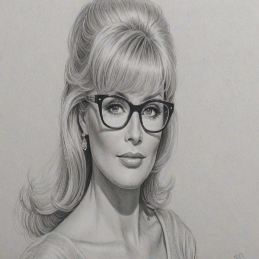 Enticing Linda Evans, pencil sketch, portrait of Dazzling woman 1955s in glasses, hair style beatnik, outline, clear lines, fine lines, 8k