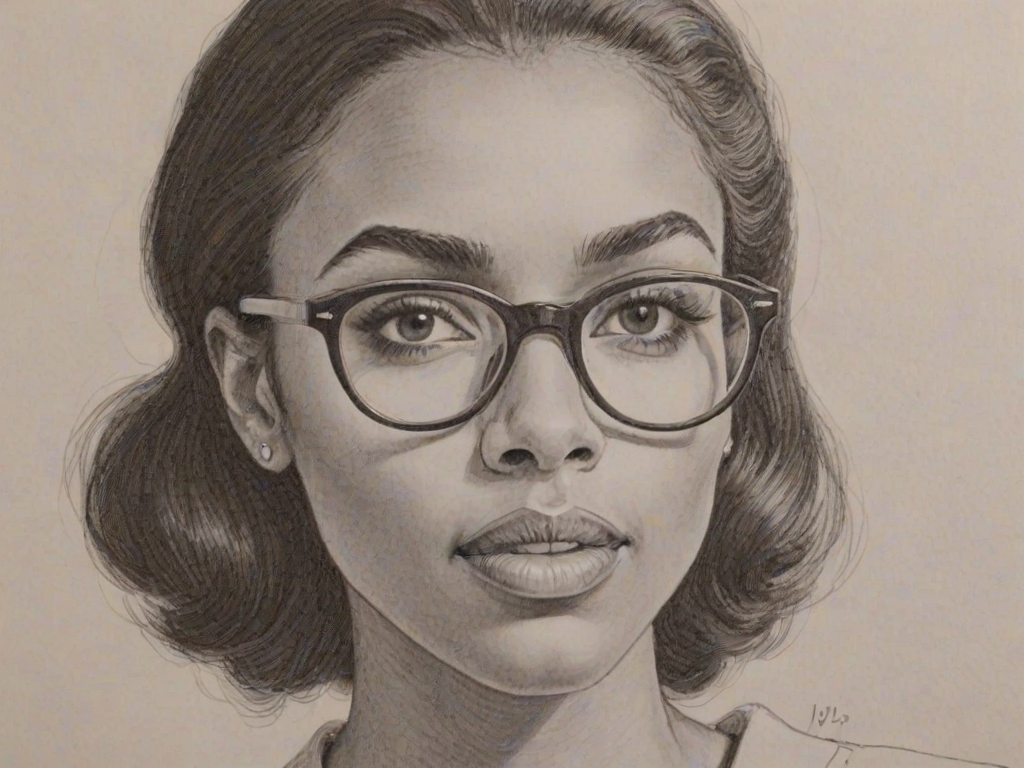 Appealing Marsha Thomason, pencil sketch, portrait of Lovely woman 1957s in glasses, hair style beatnik, outline, clear lines, fine lines, 8k