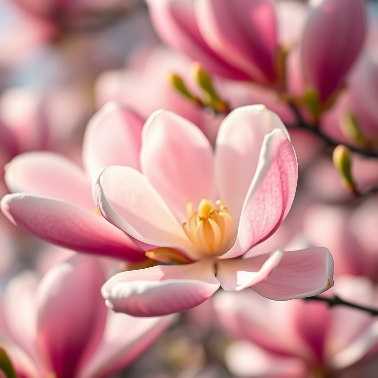 close-up of blooming magnolia flowers with soft bokeh background, taken with a Canon EOS R5, 50mm f/1.2 lens, aperture at f/2.8, ISO 200, natural light, shallow depth of field, vibrant colors