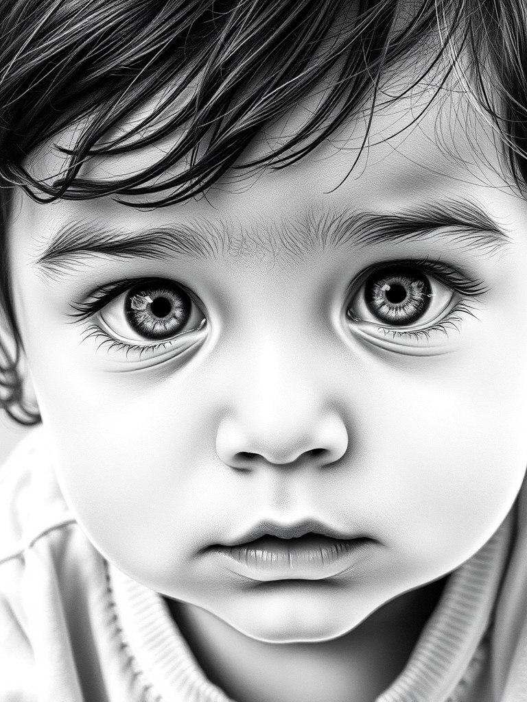 A hyperdetailed photorealistic black and white sketch of a beautiful toddler with deep white eyes, with a macro focus