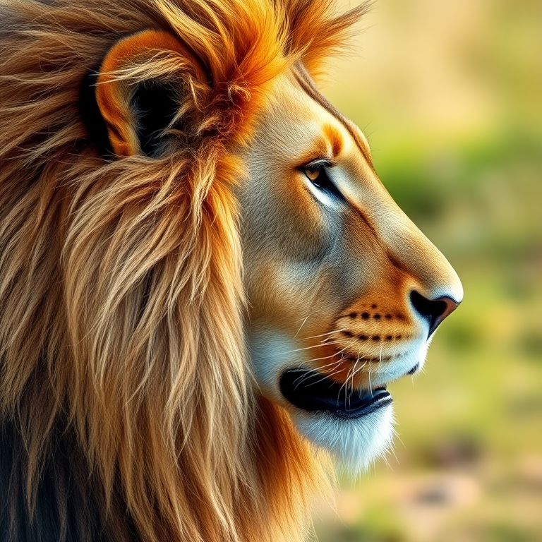 Close-up profile shot of a majestic lion with a flowing mane in soft focus, using a 85mm lens at f/1.8, ISO 100, natural light, captured with a DSLR camera.