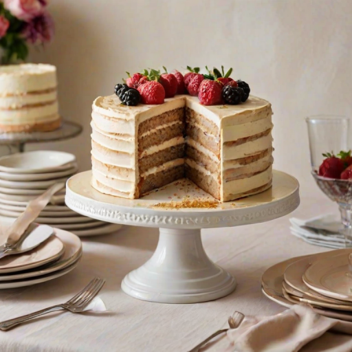 Generate an image of a beautifully layered cake on a white pedestal stand. The cake has multiple layers with a light brown frosting on top. A slice is plated beside the cake, showcasing its layered interior. Surround the cake with elegant table settings, including forks and glasses, on a soft-colored tablecloth.