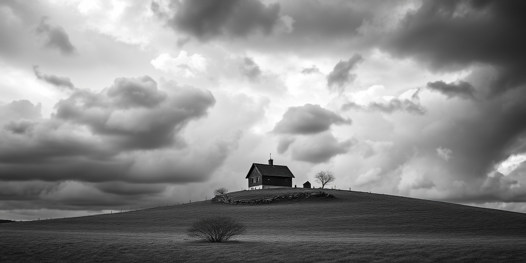 Generate a dramatic black and white image of a solitary house on a hill under moody clouds, shot with a DSLR camera at f/8 aperture, ISO 200, 50mm lens, in landscape orientation, emphasizing contrast and texture in the scene.