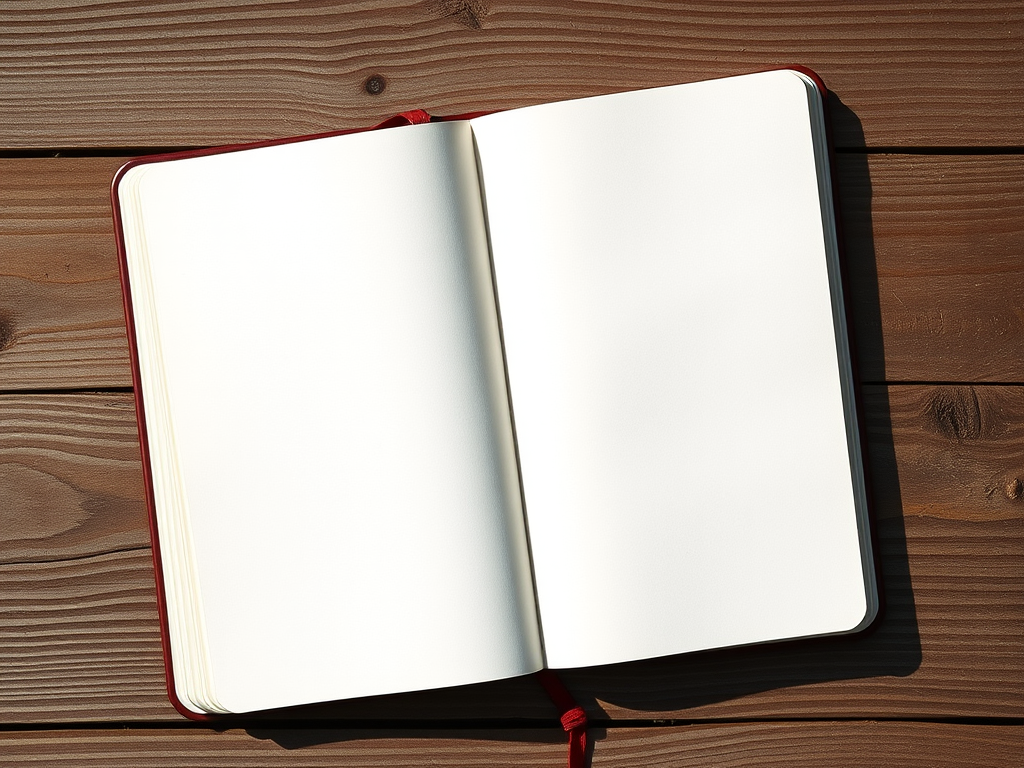 Create a highly detailed, high-resolution image of an open notebook with blank pages, top-down view, using a DSLR camera, aperture f/2.8, shutter speed 1/125s, ISO 100, natural lighting to enhance clarity and texture.