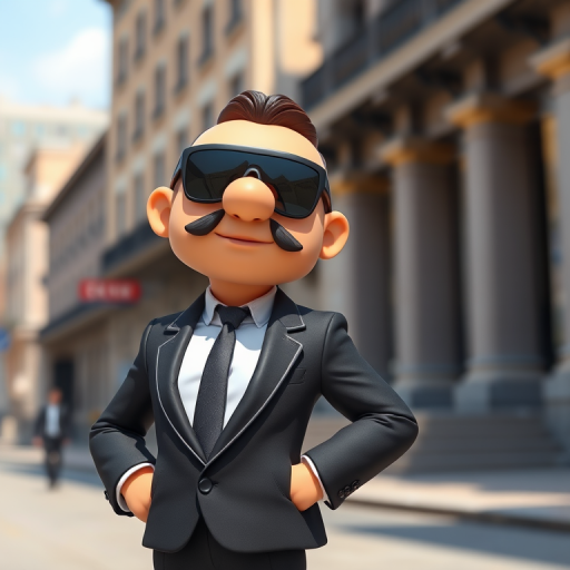Create a high-resolution image of a cartoon bodyguard in a suit with sunglasses standing confidently, shot with a Canon EOS R5 at f/2.8, ISO 100, 50mm lens in natural light for enhanced clarity and detail.