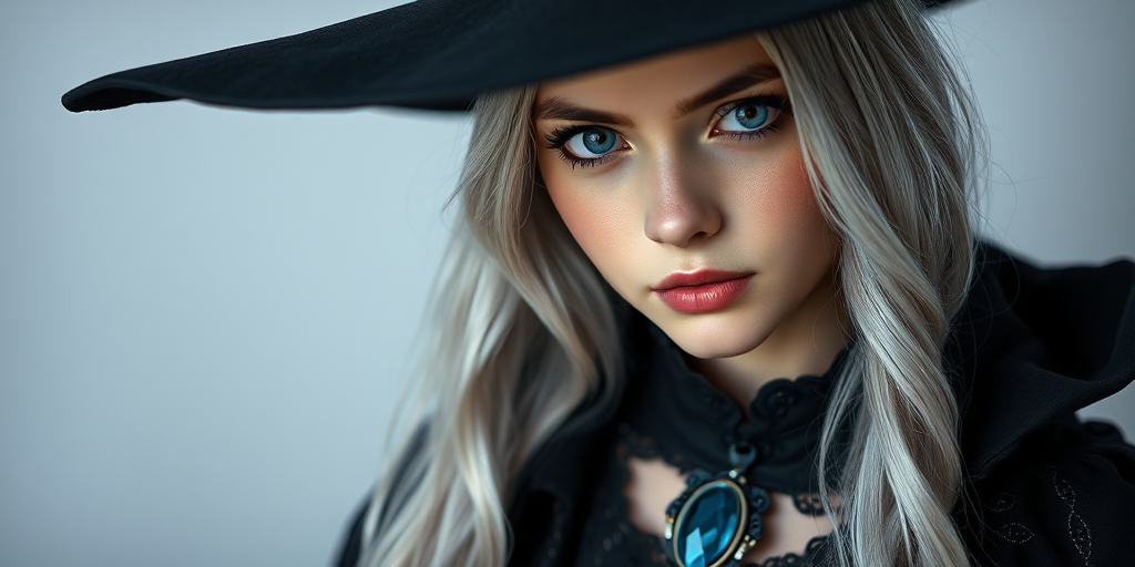 A beautiful young witch with long silver hair and a stylish black hat, wearing an intricate black outfit with a blue gemstone pendant, soft focus, ISO 100, aperture f/2.8, 50mm lens, portrait style, studio lighting.