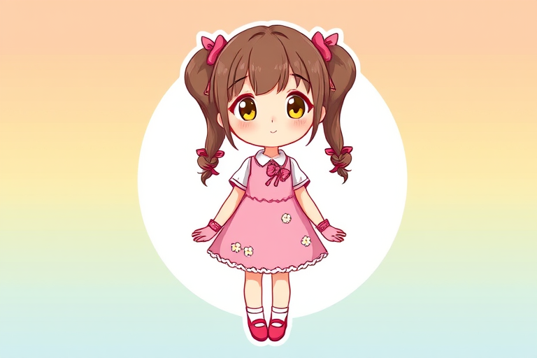 Generate a cute character design of a girl with long brown hair in pigtails, wearing a pink dress with flower elements and matching gloves, set against a bright, colorful background; camera settings: f/2.8 aperture, 1/60s shutter speed, ISO 100; camera view: full-body shot; camera style: vibrant and playful; camera type: digital illustration.