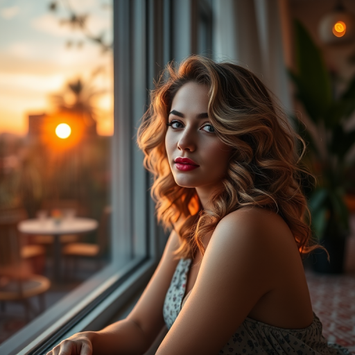 Regenerate an image of a woman with soft curls sitting by a window during sunset, with a dreamy expression, surrounded by a lush interior, using a DSLR camera with a 50mm lens, aperture f/1.8, ISO 100, and natural light for enhanced colors and a bokeh effect.