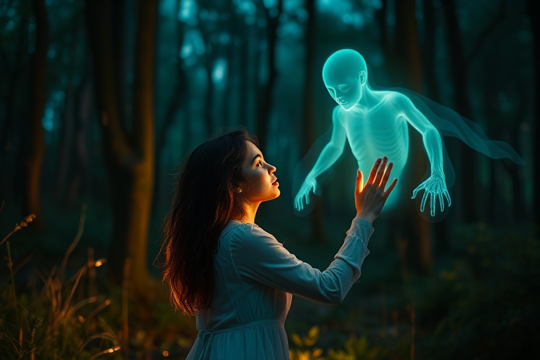 Create an ethereal scene of a woman in a mystical forest at night, showcasing her interaction with a translucent ghostly figure, using a Canon EOS R5, 50mm lens, f/1.8 aperture, ISO 100, 1/60s shutter speed, soft focus background with enhanced glow effects and vibrant colors.