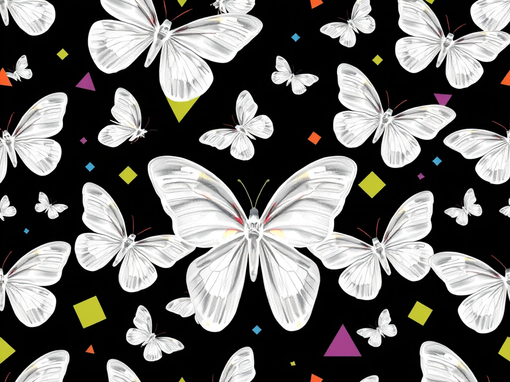 Generate a seamless pattern of delicate white butterflies and colorful geometric shapes on a black background, 50mm lens, f/4 aperture, ISO 200, soft focus, overhead view, DSLR camera.