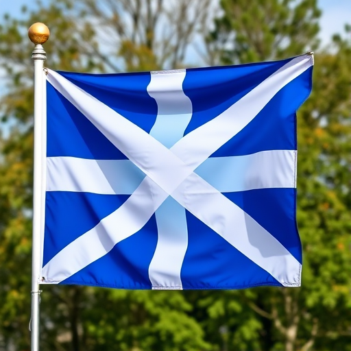 Create a high-resolution image of the Scottish flag with vibrant colors, using a DSLR camera set to ISO 100, aperture f/8, shutter speed 1/250 sec, capturing a straight-on view in a natural outdoor setting.