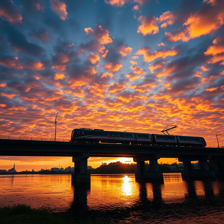 Train crossing a bridge at sunset with vibrant clouds in the sky, shot with a DSLR camera at f/8 aperture, 1/250 sec shutter speed, ISO 100, using a wide-angle lens, high dynamic range, golden hour lighting, low angle view to emphasize the silhouette of the train and reflections in the water.