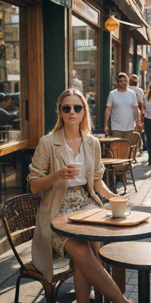 Sunlit cafe terrace, with small tables scattered along the sidewalk, a woman sits with a cup of coffee, sunglasses perched on her head, as she people-watches from the comfort of her chair.