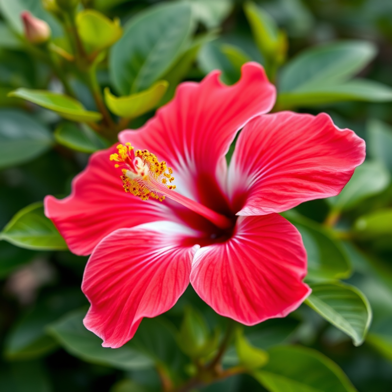 Create an image of a hibiscus flower with vibrant red and white petals, set against lush green leaves, captured with a macro lens at f/2.8 aperture, ISO 100, and a focal length of 50mm, using a DSLR camera to enhance detail and color saturation.