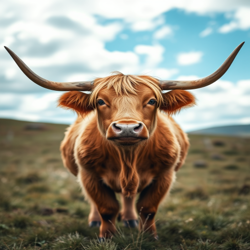 Highland cow with long horns standing in a grassy field under a partly cloudy sky, shot with a Canon EOS R5, 50mm lens, aperture f/4, ISO 100, 1/200 sec, vibrant colors, shallow depth of field.