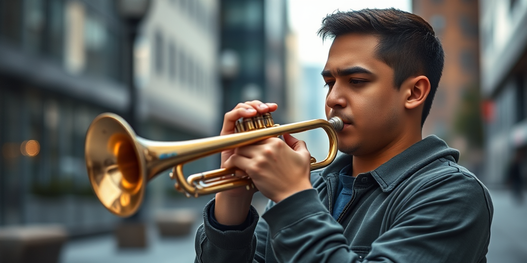 Regenerate the image of a young man playing the trumpet in an urban setting with soft focus background, using a DSLR camera at 50mm focal length, f/1.8 aperture, ISO 200, natural lighting, and a shallow depth of field.