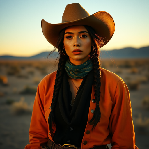 Dramatic photo of a beautiful Aymara woman, classic cowboy attire, confident and free spirit expression, half-length portrait, centered, golden hour desert landscape, warm, diffused light, low angle, medium format film camera, in style of Annie Leibovitz.