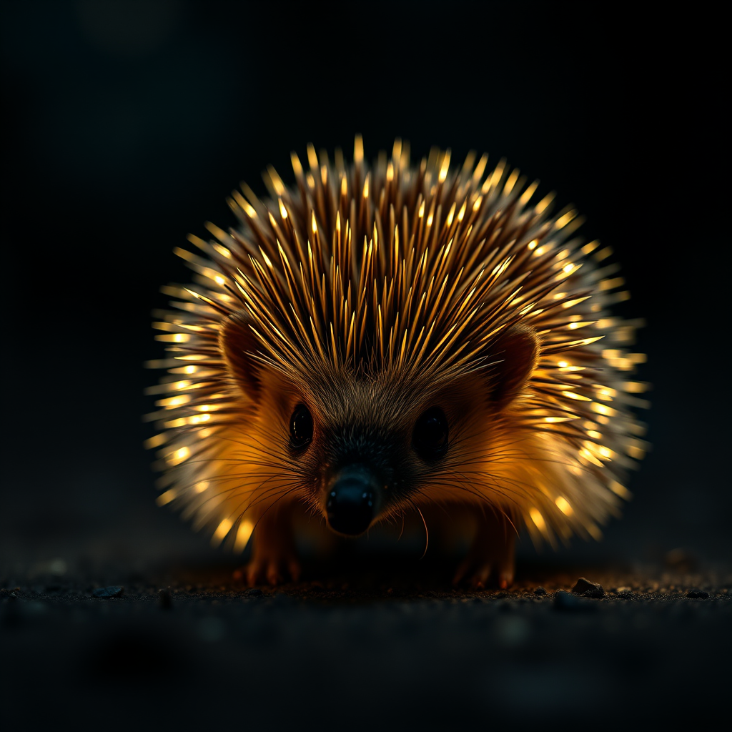 Create a high-resolution image of a hedgehog with glowing spines, shot with a Canon EOS 5D Mark IV, 50mm lens, aperture f/2.8, ISO 100, 1/200s shutter speed, in a dark environment with a bokeh background for enhanced depth.