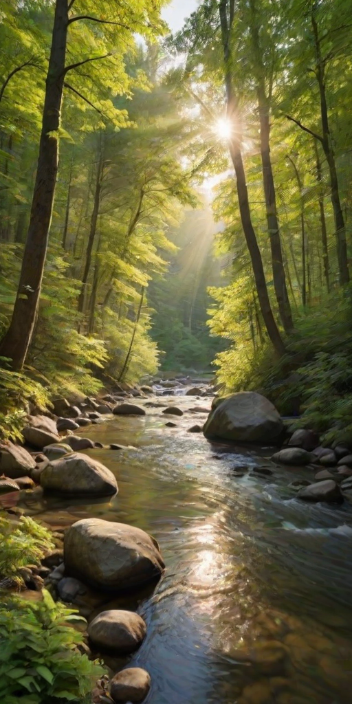 Create an image of a serene, sunlit forest scene with a clear, gently flowing river. Tall trees with lush green foliage line both sides of the river, their leaves bathed in the warm golden light of the setting or rising sun. The sunlight filters through the trees, casting soft, dappled light on the river, which flows over smooth rocks and pebbles, creating a peaceful, natural atmosphere. The sky is bright with a few scattered clouds, and the overall mood is tranquil, evoking a deep sense of connection with nature. The image captures the beauty of a calm, pristine forest landscape at either dawn or dusk.