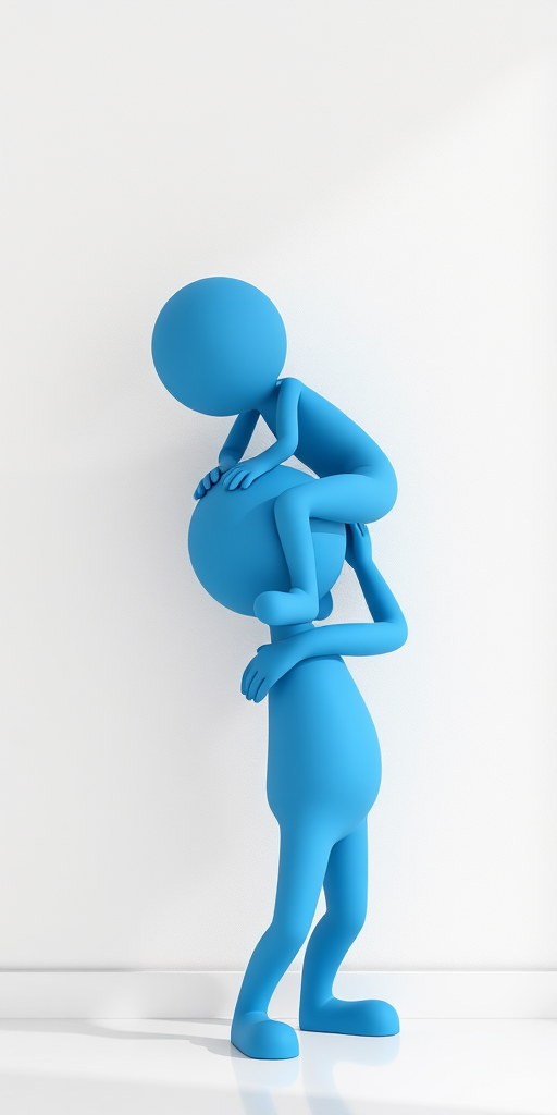 Create a 3D illustration of two cartoonish blue figures, one climbing on the back of the other, against a simple white wall, using a digital camera with f/8 aperture, ISO 100, 24mm focal length, and a slight top-down angle to enhance depth and clarity.