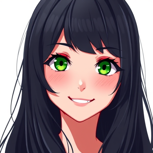 Generate a high-resolution digital illustration of a smiling female character with long black hair and bright green eyes, using a Canon EOS R5 camera, 50mm lens, f/1.8 aperture, ISO 100, in portrait orientation, soft natural lighting to enhance facial features.