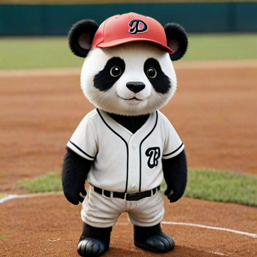 This high-resolution photograph captures a teen panda named Huahua,face looks agry, depicted with her distinctive black and white fur, standing ready at a baseball field. Huahua is dressed in a classic baseball uniform, complete with a cap, jersey, pants, and cleats, all in team colors. The uniform is detailed with fine stitching and realistic textures, adding authenticity to her sporty look.