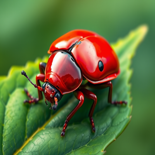Create a vibrant illustration of a red beetle resting on a green leaf, high resolution, 300 DPI, using a macro lens, natural lighting, DSLR camera, focus on details and textures.