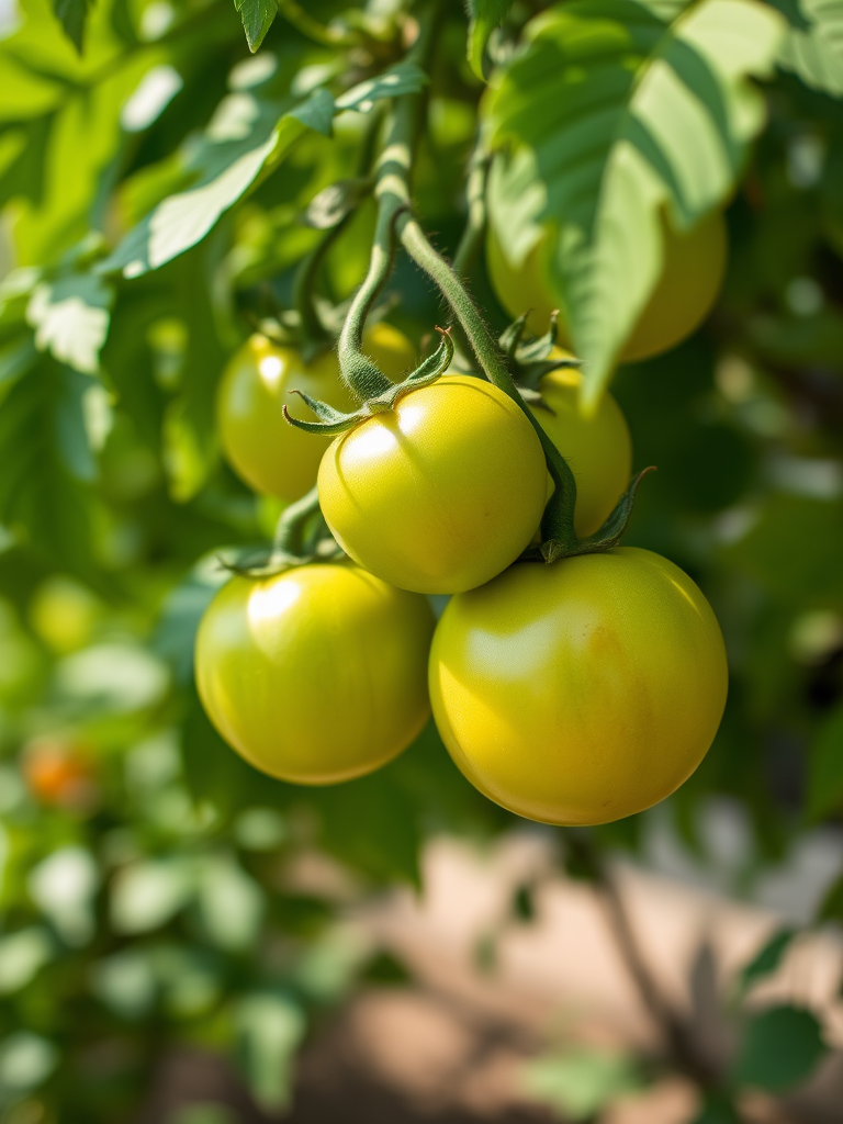 Close-up of vibrant green tomatoes hanging from lush foliage, natural sunlight, shallow depth of field, f/2.8 aperture, 50mm lens, ISO 100, DSLR camera, vibrant colors, enhanced clarity.