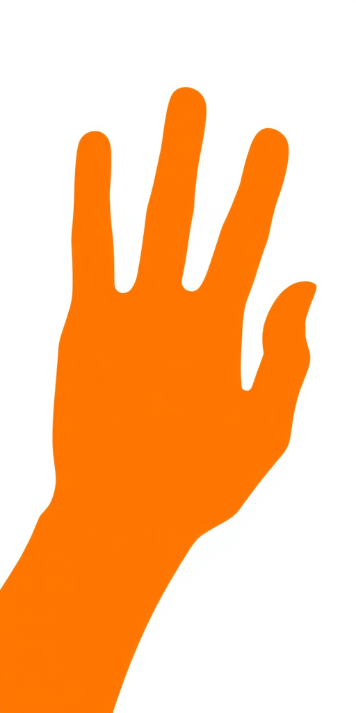 Create an illustration of a large, vibrant orange hand silhouette against a white background, with a high-resolution digital style, shot from a flat lay perspective using a 50mm lens at f/1.8 for a soft focus effect.
