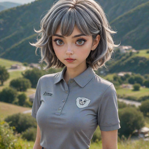 bird's-eye view, Serial Killer, on a hill, San Marinese eighteen Gaudia is well-defined, cursed, her slate gray shag haircut, her astonished honey eyes are tiny, gray heart-shaped lips, round face shape, very light skin, huge perky breasts, graceful arch of the foot, disgust face, (glamorous evening makeup:1.3), she is dressed in a patterned golf polo shirt and lightweight golf pants with a cropped length, casual hands-in-pockets stance, (Anime), big eyes, exaggerated expressions, stylized hair, manga